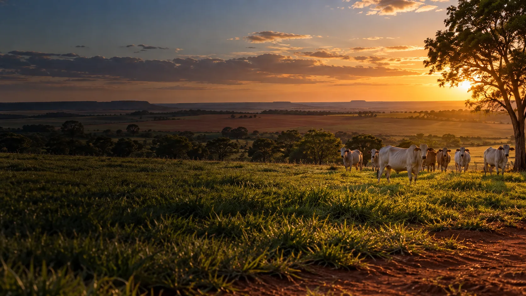 Paisagem rural ilustrativa com pastagem e gado ao entardecer